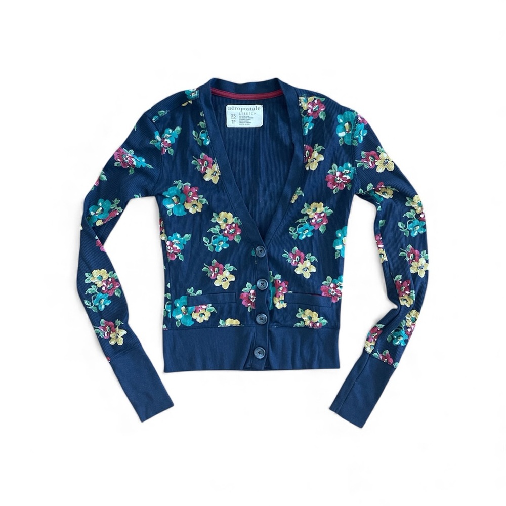 Y2K AEROPOSTALE WAFFLE KNIT Floral Navy Cardigan SIZE XS